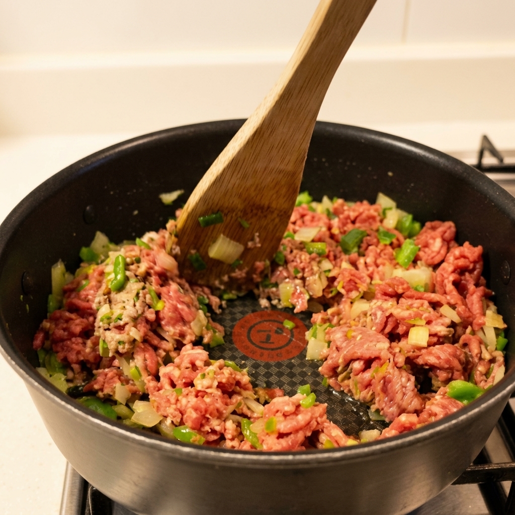 Rinderhackfleisch wird mit einem Holzspatel in der Pfanne zerkleinert und mit Gemüse vermischt.