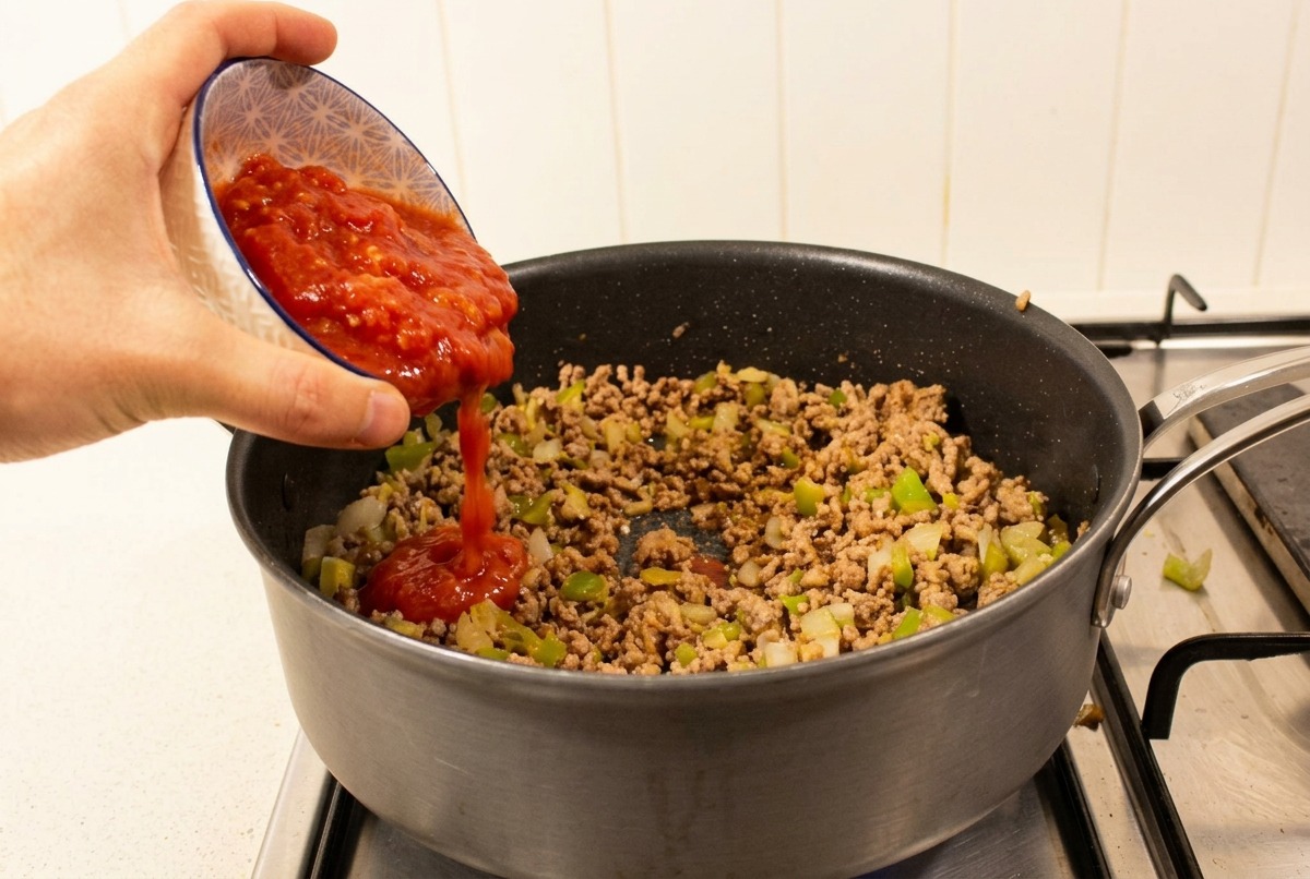 Dickflüssige gestückelte Tomaten werden aus einer Schüssel in die Pfanne zum angebratenen Hackfleisch gegossen.