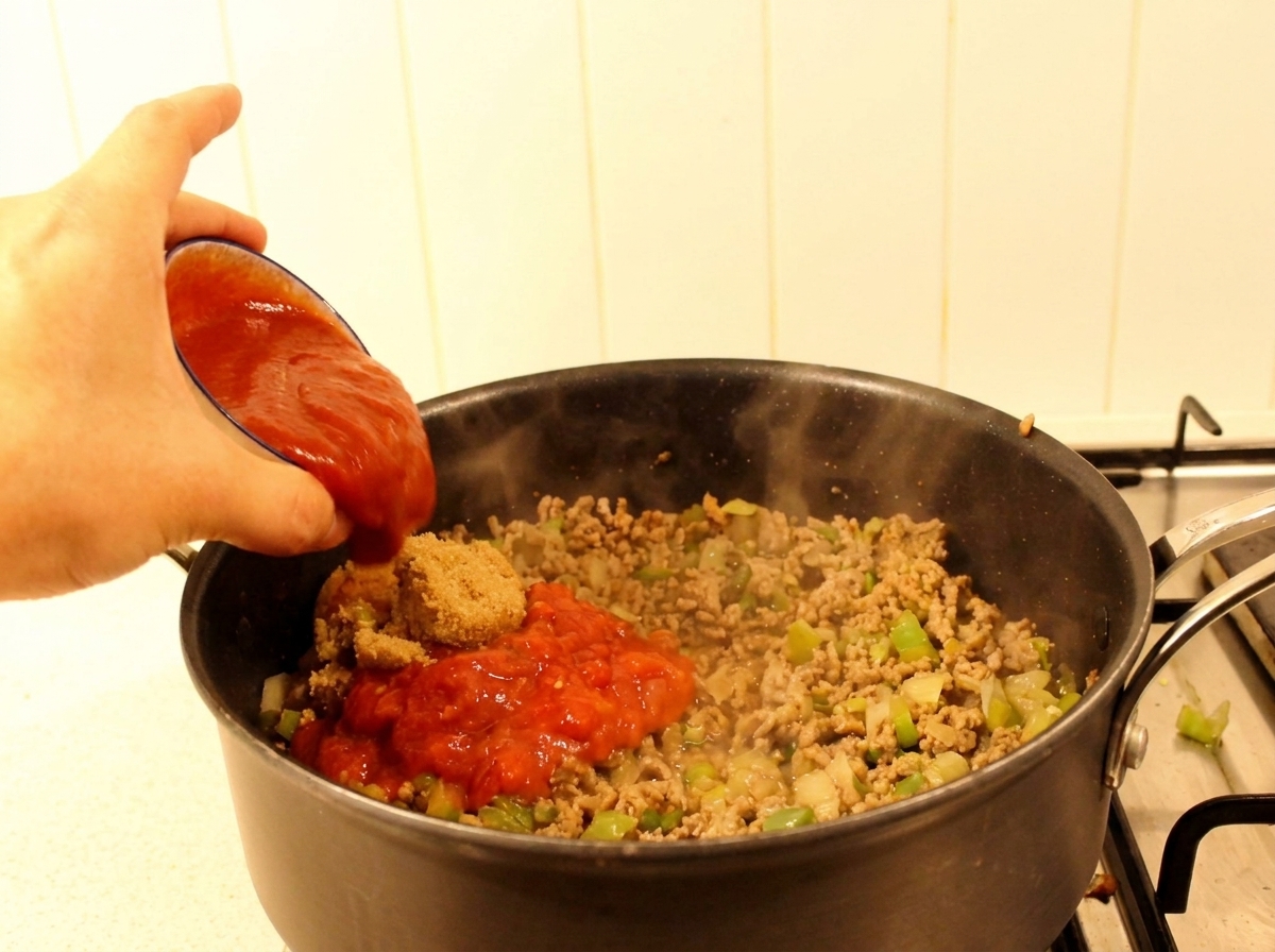 Ketchup und ein Berg brauner Zucker werden in die Pfanne mit Fleisch und Paprika gegeben.