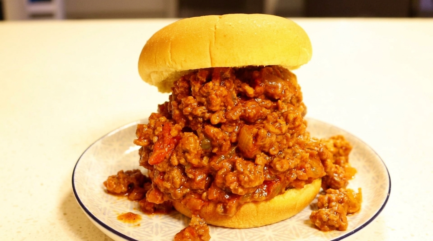 Ein klassisches, reichlich gefülltes Sloppy Joe Sandwich mit einer glänzenden, würzigen Fleischsauce auf Tomatenbasis.
