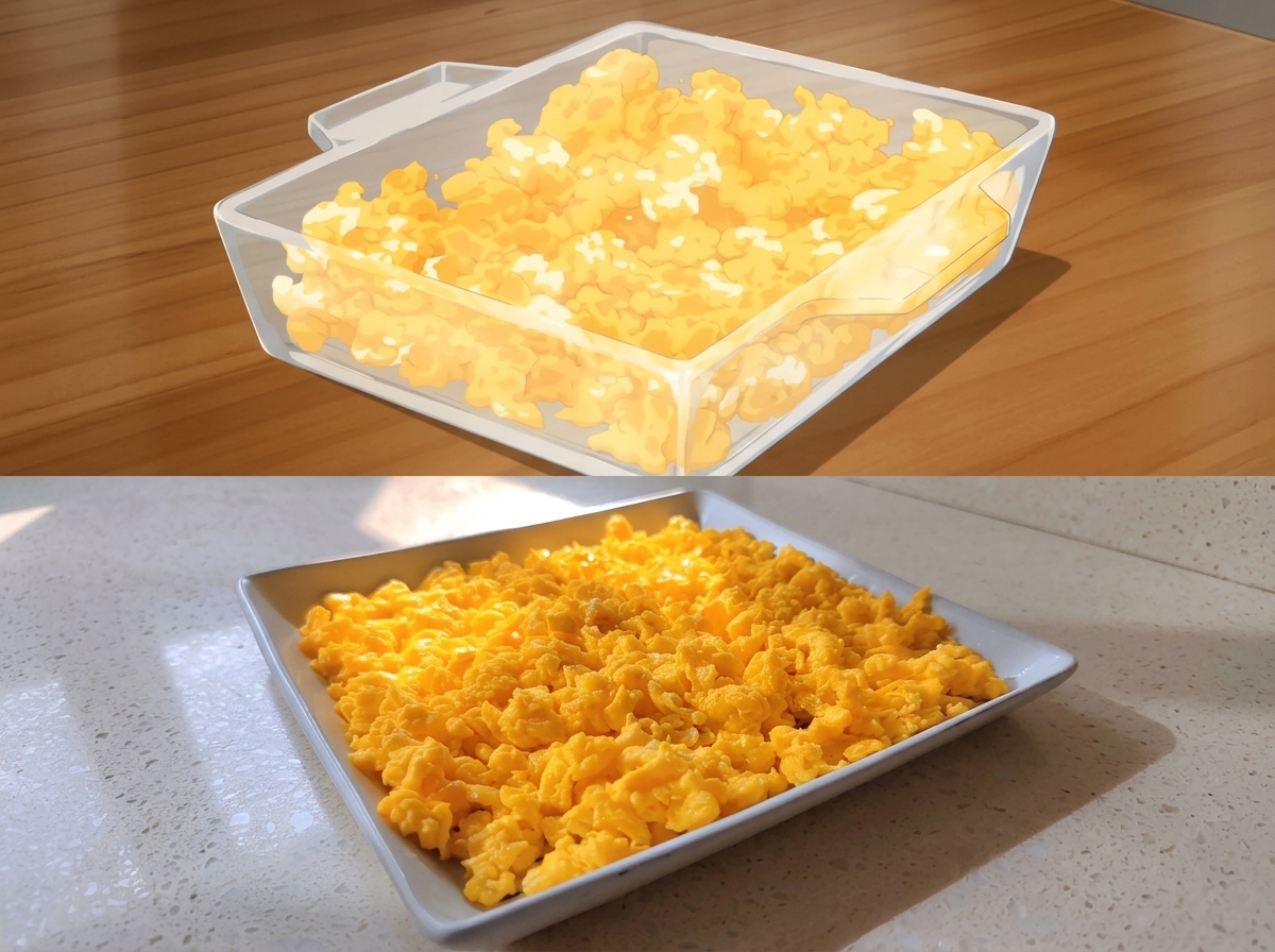 Eine rechteckige Form gefüllt mit frisch zubereitetem, fluffigem gelbem Rührei.