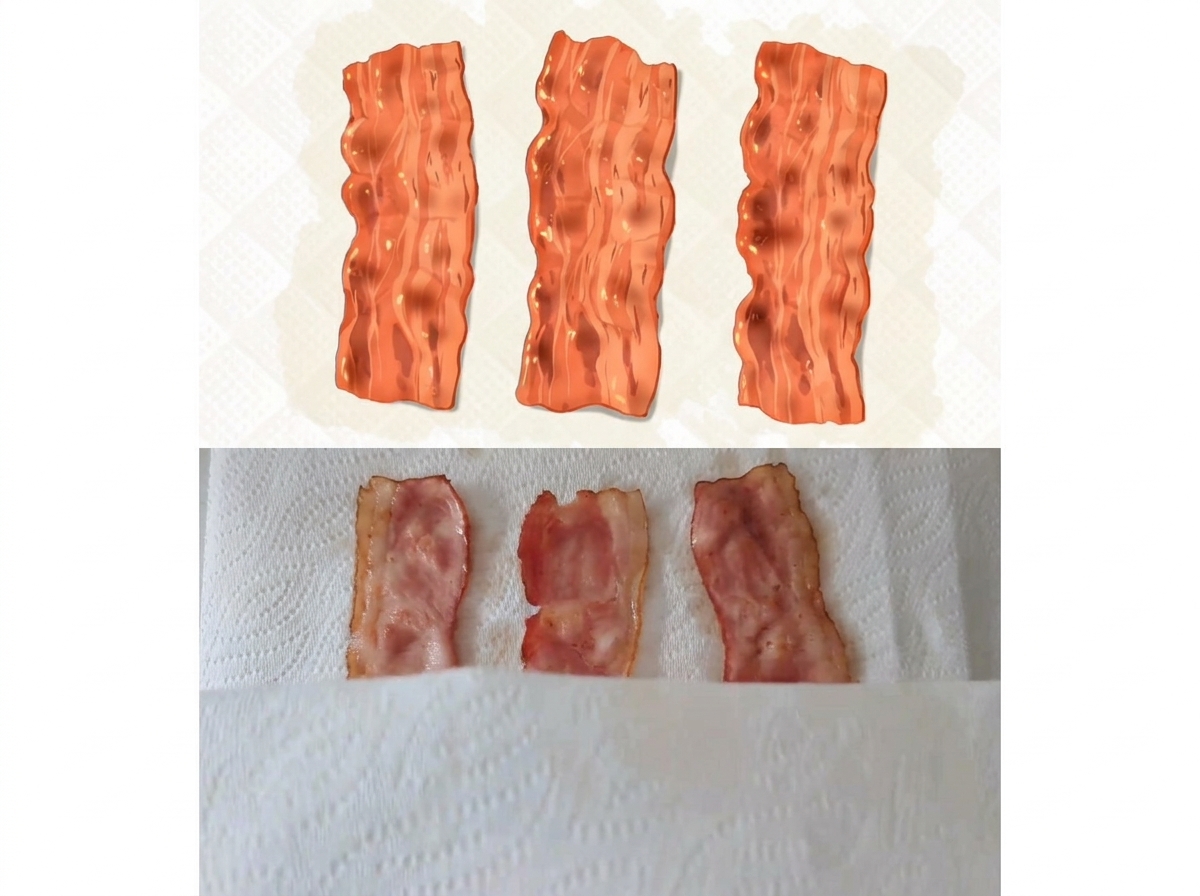 Drei Streifen gebräunter Speck auf einem weißen Küchentuch zum Abtropfen.