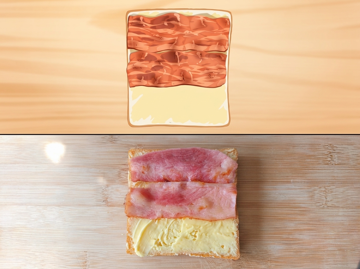 Drei Scheiben Speck auf einer Scheibe gebuttertem Brot.