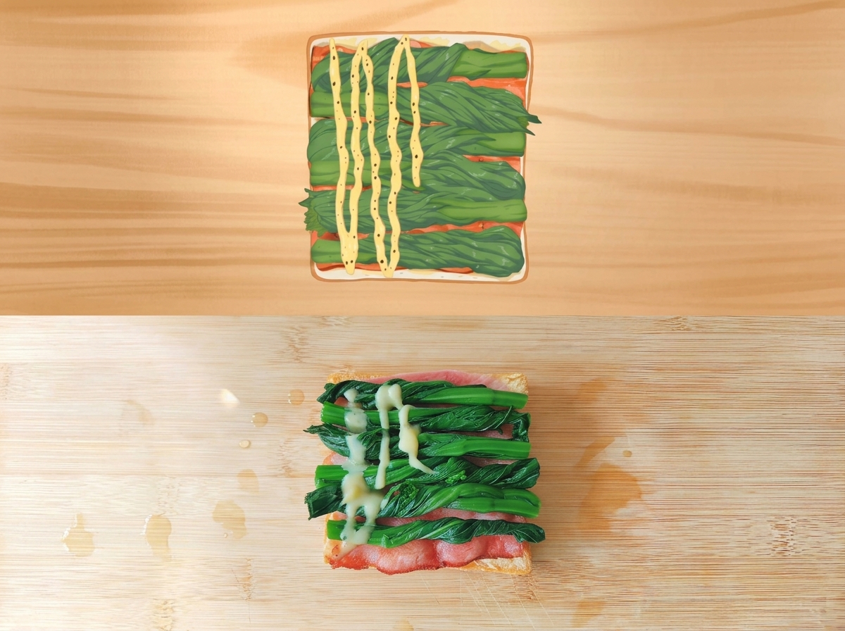 Cremige Sauce wird in einem Zickzack-Muster über den Spinat auf einem Sandwich geträufelt.