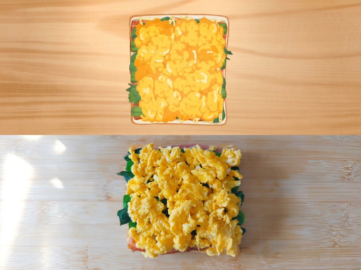 Fluffiges Rührei auf Spinat, Speck und Sauce auf einer Scheibe Brot aufgetürmt.