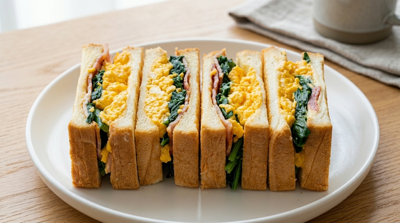 Japanisches Wanpaku Sando mit Spinat, Speck und Ei