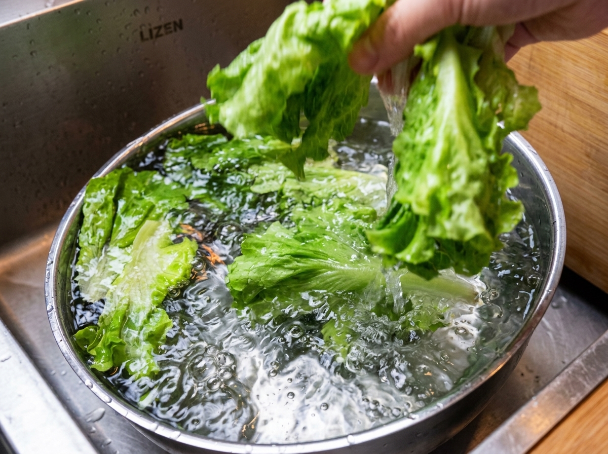 Eine Hand wäscht knackige grüne Salatblätter in einer Metallschüssel mit Wasser.