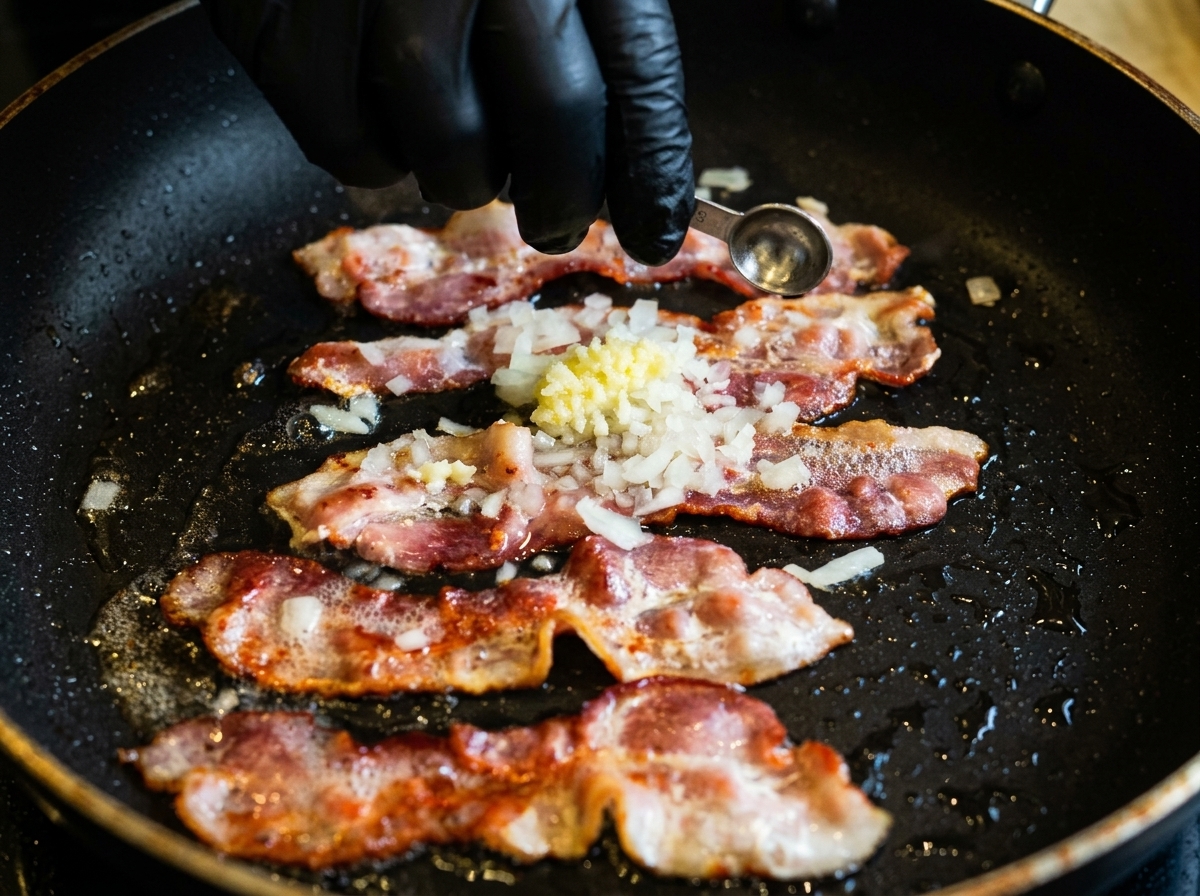 Eine Hand mit schwarzem Handschuh gibt fein gehackte Zwiebeln und Knoblauch über die brutzelnden Speckstreifen.