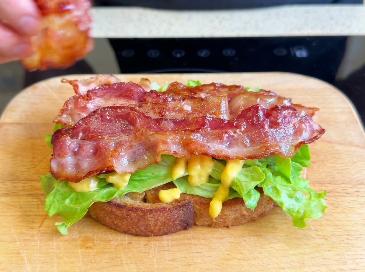 Gegarte, glänzende Speckstreifen werden auf frischem Salat über einer gerösteten Brotscheibe geschichtet.