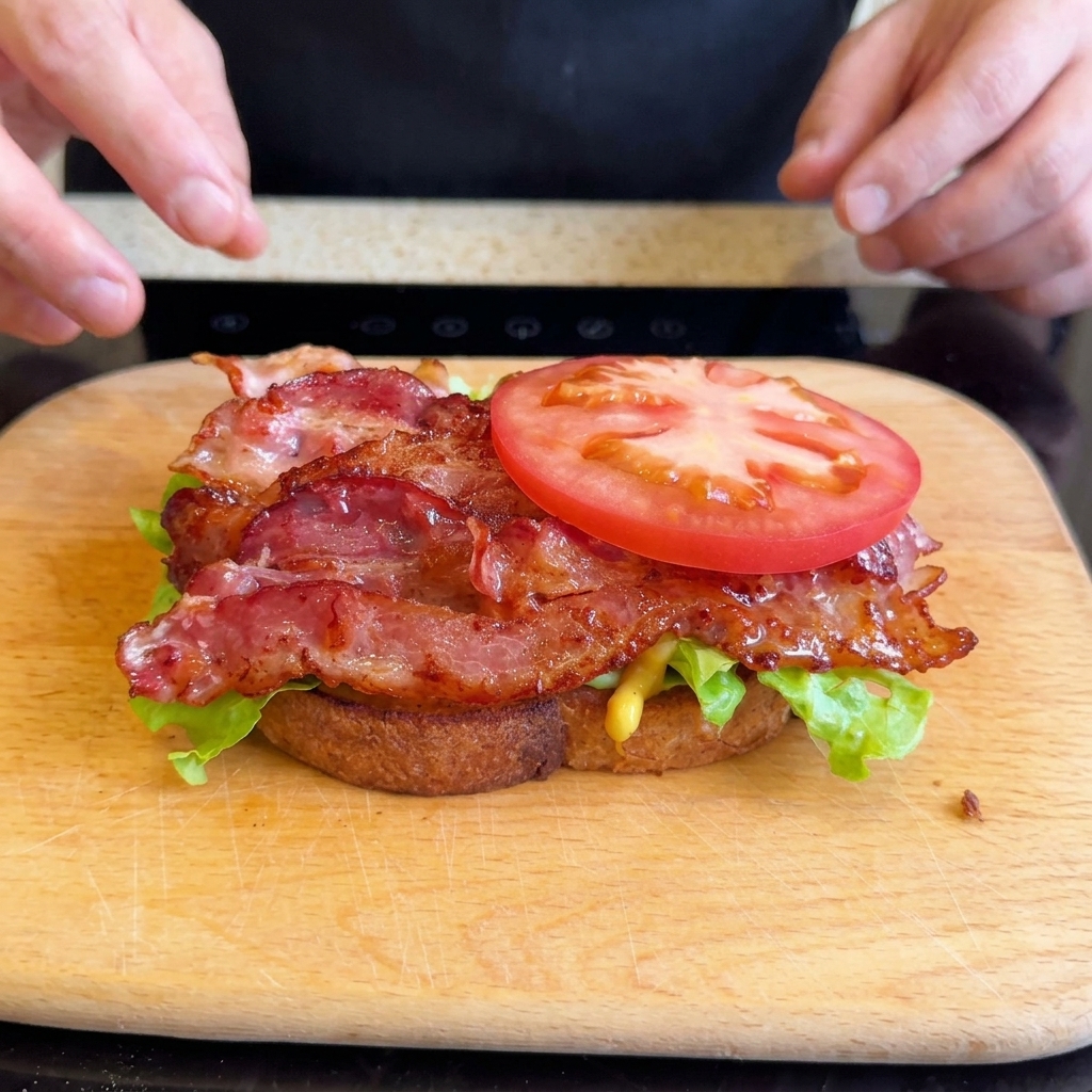 Eine dicke Scheibe einer leuchtend roten Tomate wird perfekt auf den Stapel aus Speck in einem Sandwich gelegt.