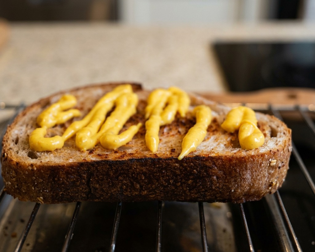 Eine dicke Scheibe geröstetes Brot auf einem Gitter, bestrichen mit Zickzack-Linien einer gelben Sauce.