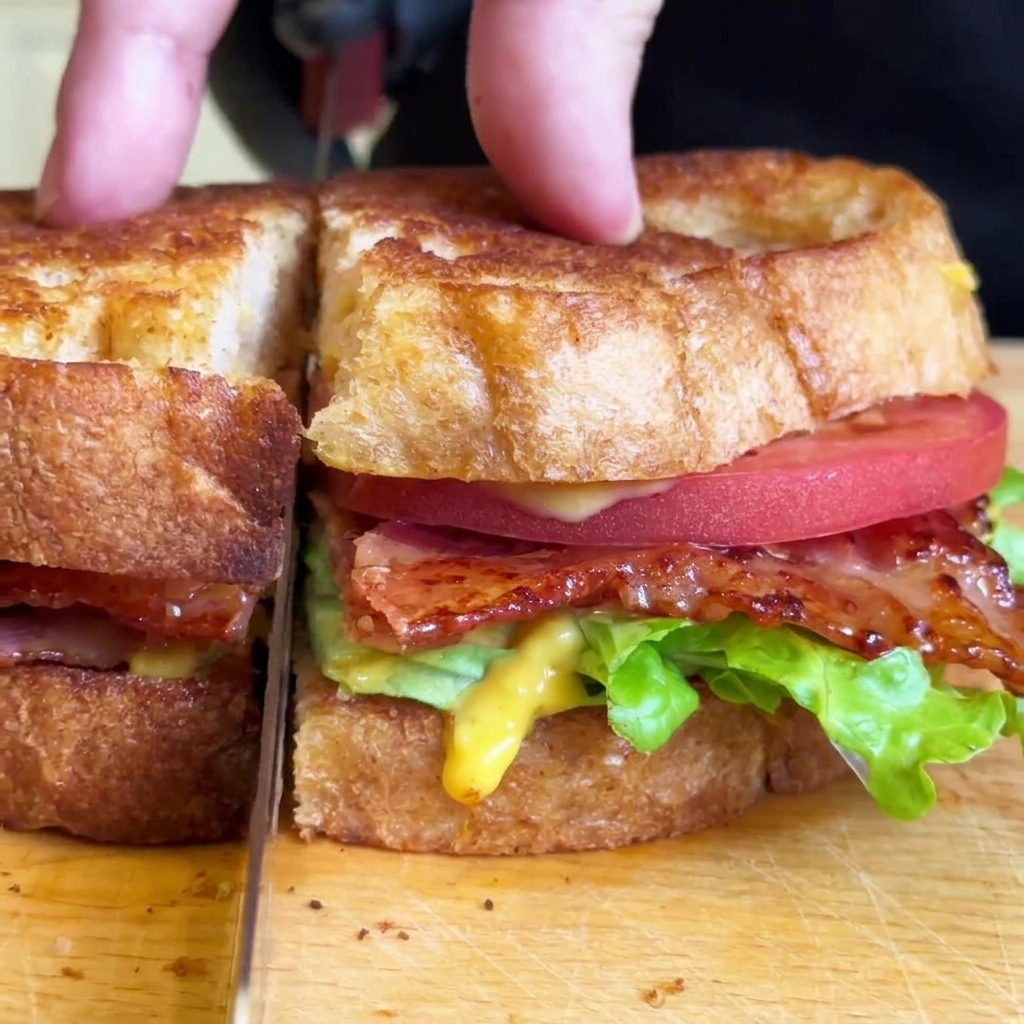 Finger drücken vorsichtig auf ein dickes BLT-Sandwich, während ein Sägemesser es in der Mitte teilt.