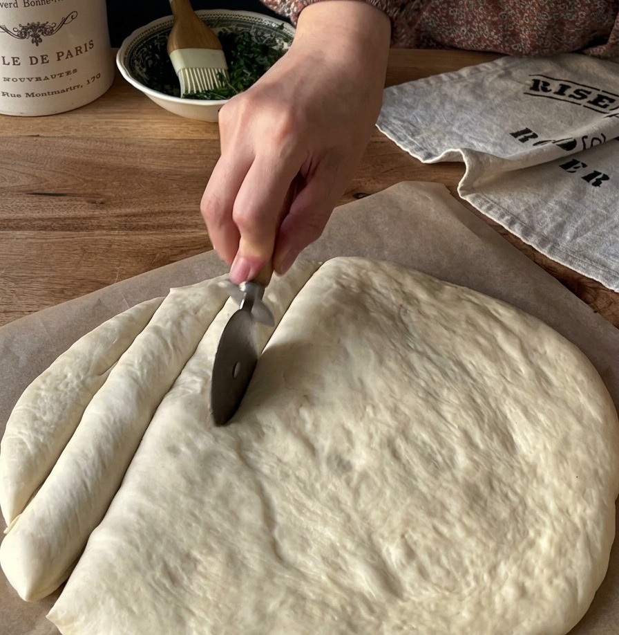 Eine Hand schneidet mit einem Pizzaschneider ein gitterförmiges Muster in einen ausgerollten rohen Pizzateig auf Backpapier.