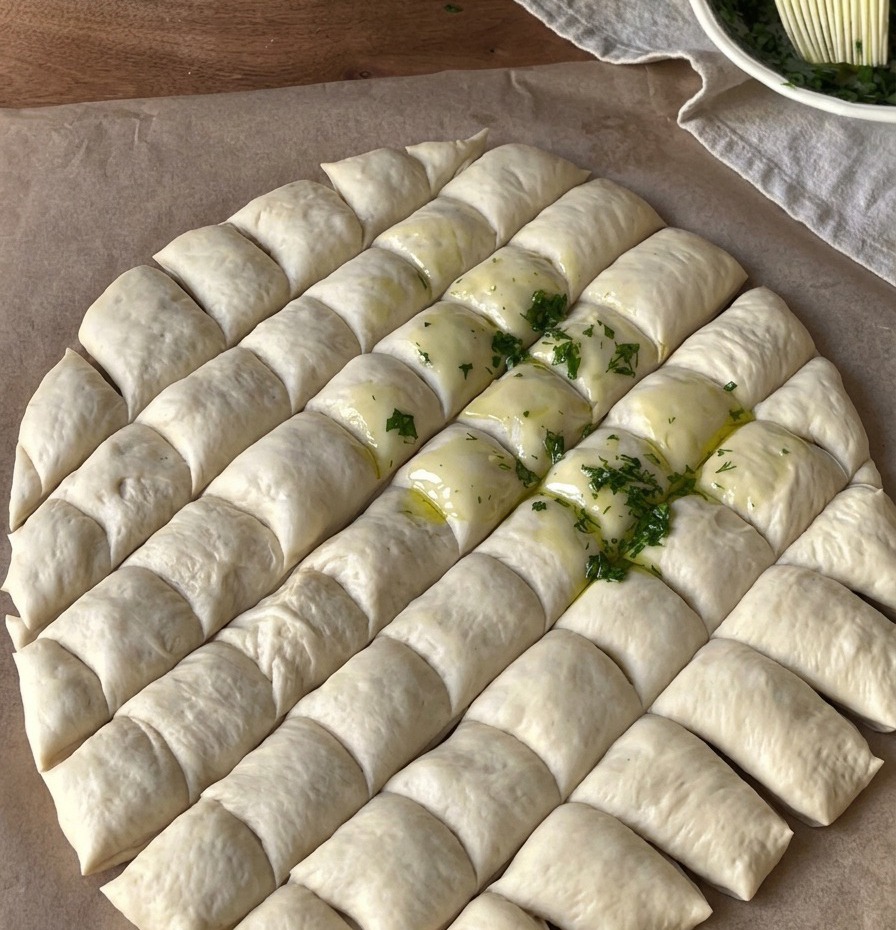 Ein gitterförmig eingeschnittener Pizzateig, der mit einem Backpinsel großzügig mit einer grünen Knoblauch-Kräuter-Öl-Mischung bestrichen wird.