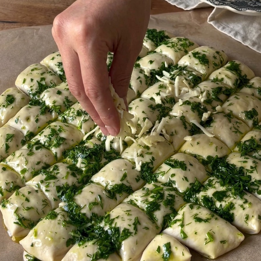 Geriebener Mozzarella wird von Hand über dem mit Knoblauch-Kräuter-Öl bestrichenen Pizzateig verteilt.