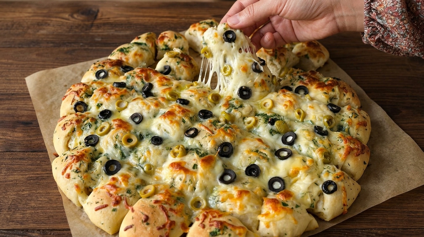 Ein Stück wird von einer frisch gebackenen Knoblauch-Käse-Pizza mit geschmolzenem Mozzarella und Oliven gezogen.