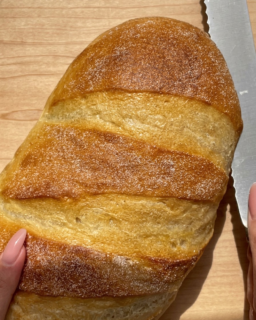 Eine Hand schneidet ein knuspriges Brot mit einem Brotmesser horizontal auf einem Holzbrett durch.