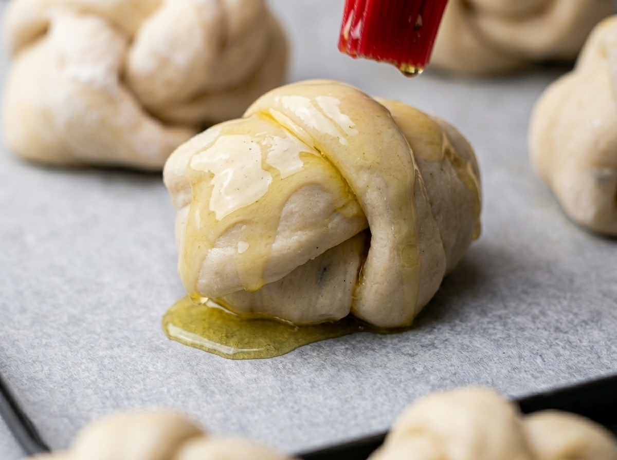 Ein roter Silikonpinsel bestreicht einen rohen Teigknoten auf weißem Backpapier mit Olivenöl.