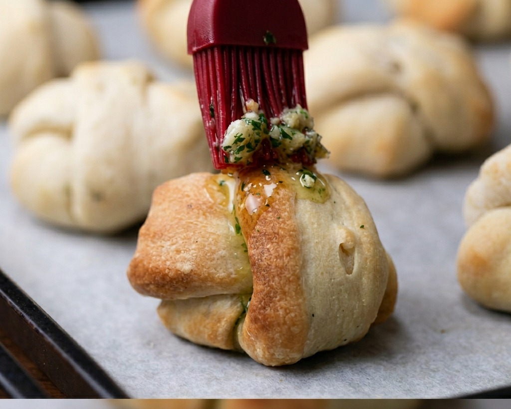 Nahaufnahme eines roten Silikonpinsels, der Knoblauch-Petersilien-Butter auf einen goldbraun gebackenen Teigknoten auf einem Backblech streicht.