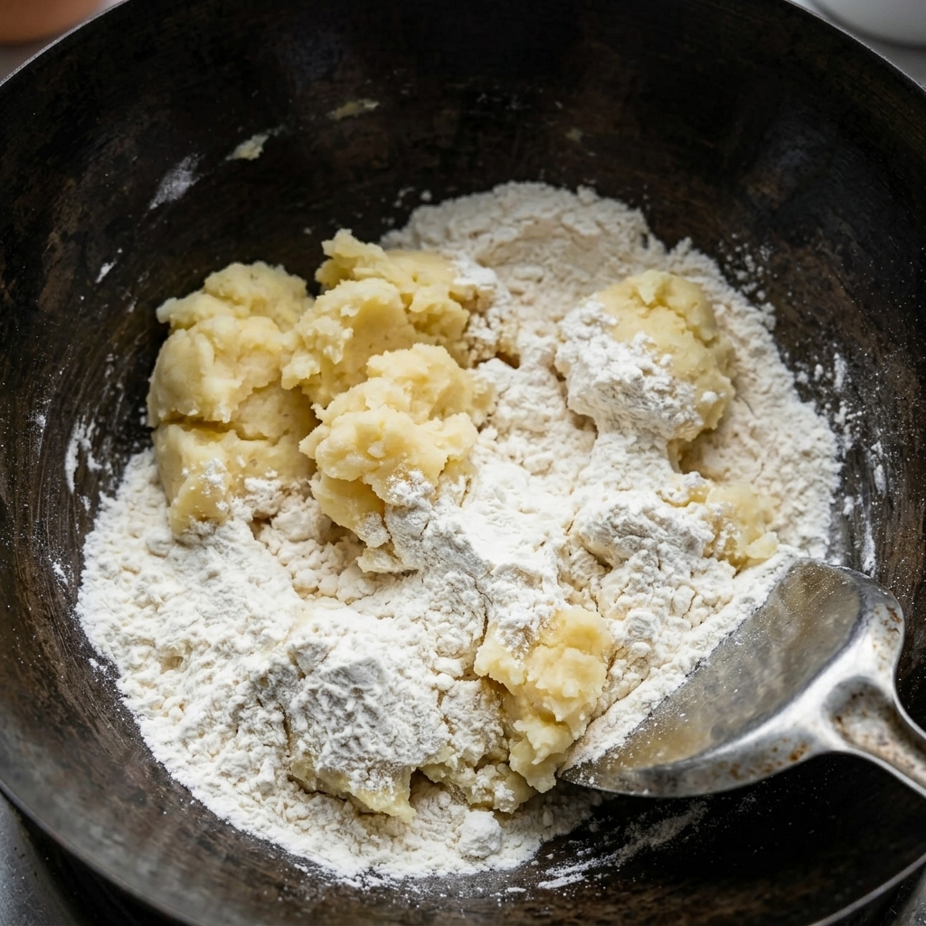Ein Metallspatel rührt weißes Mehl in geschmolzene Butter in einer dunklen Pfanne, um eine dicke Mehlschwitze zu bilden.