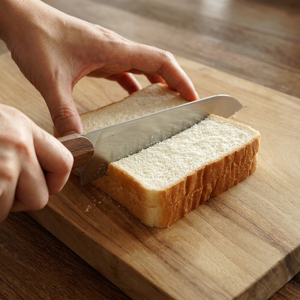 Eine Nahaufnahme einer Hand, die zwei Scheiben weißes Toastbrot auf einem Holzbrett mit einem Messer halbiert.