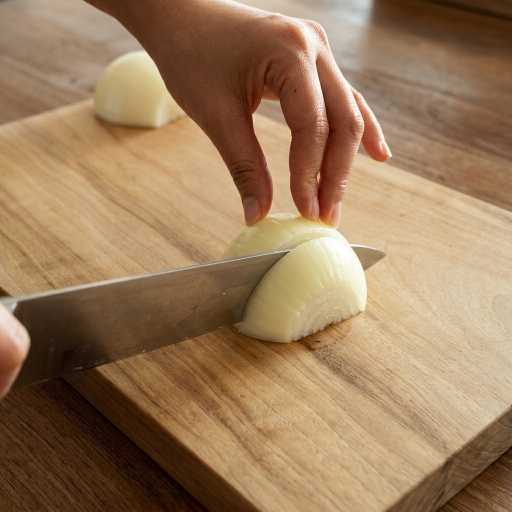 Ein Messer würfelt eine weiße Zwiebel in kleine Stücke auf einer hellen Holzoberfläche.