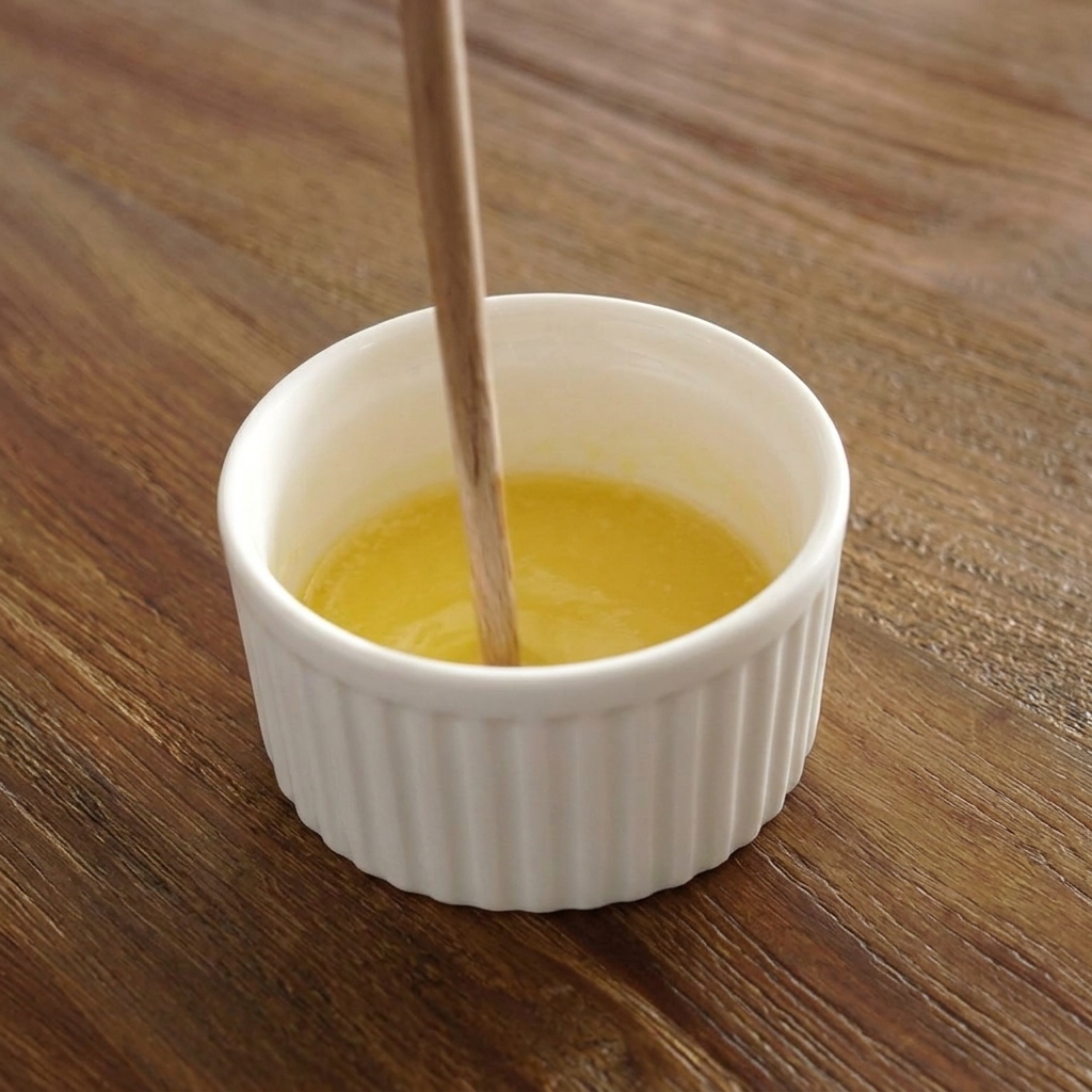 Ein Holzlöffel gibt feingehackten Knoblauch in ein kleines weißes Förmchen mit geschmolzener gelber Butter.