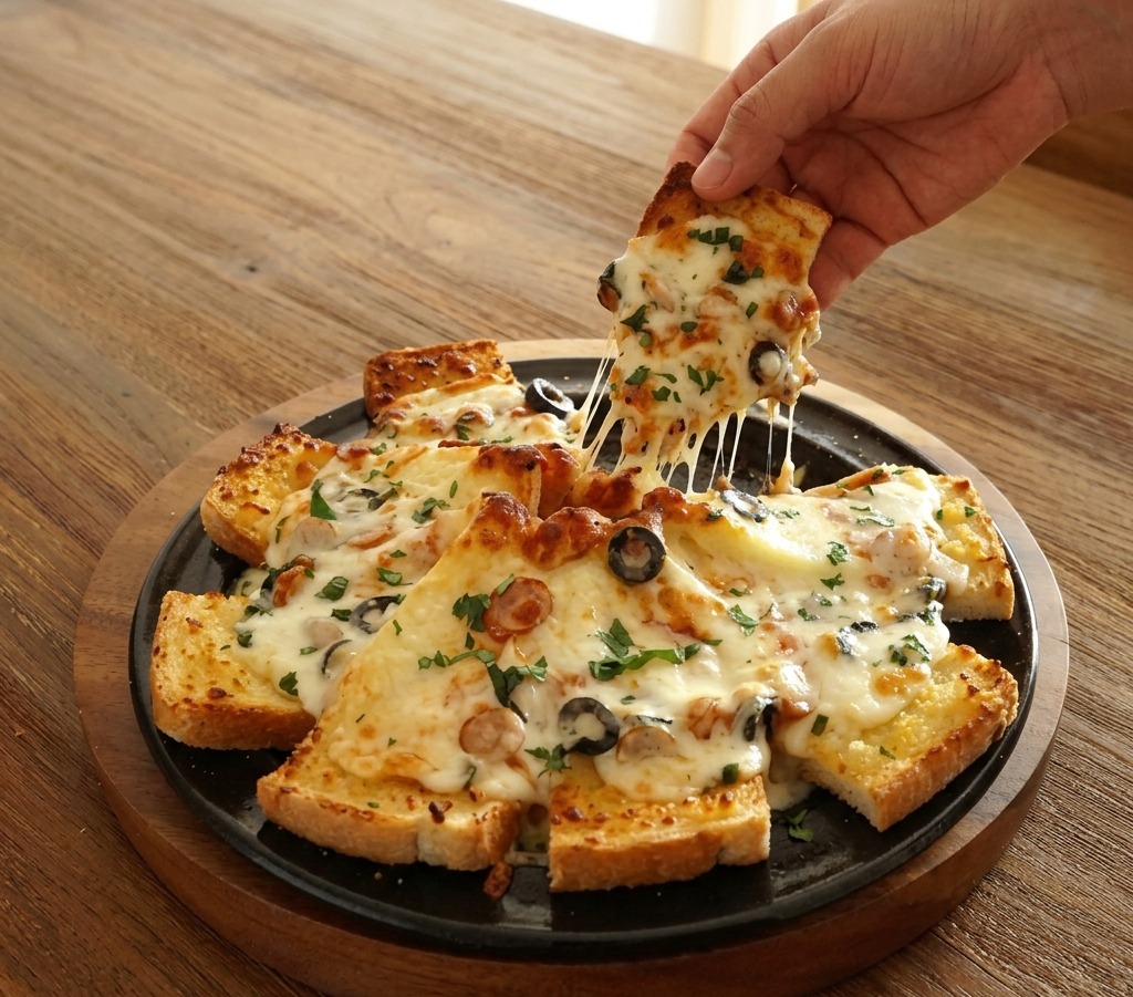 Drei Kleckse leuchtend rote Tomatensauce auf weißen Käsescheiben in der Mitte der Brot-Pizza.