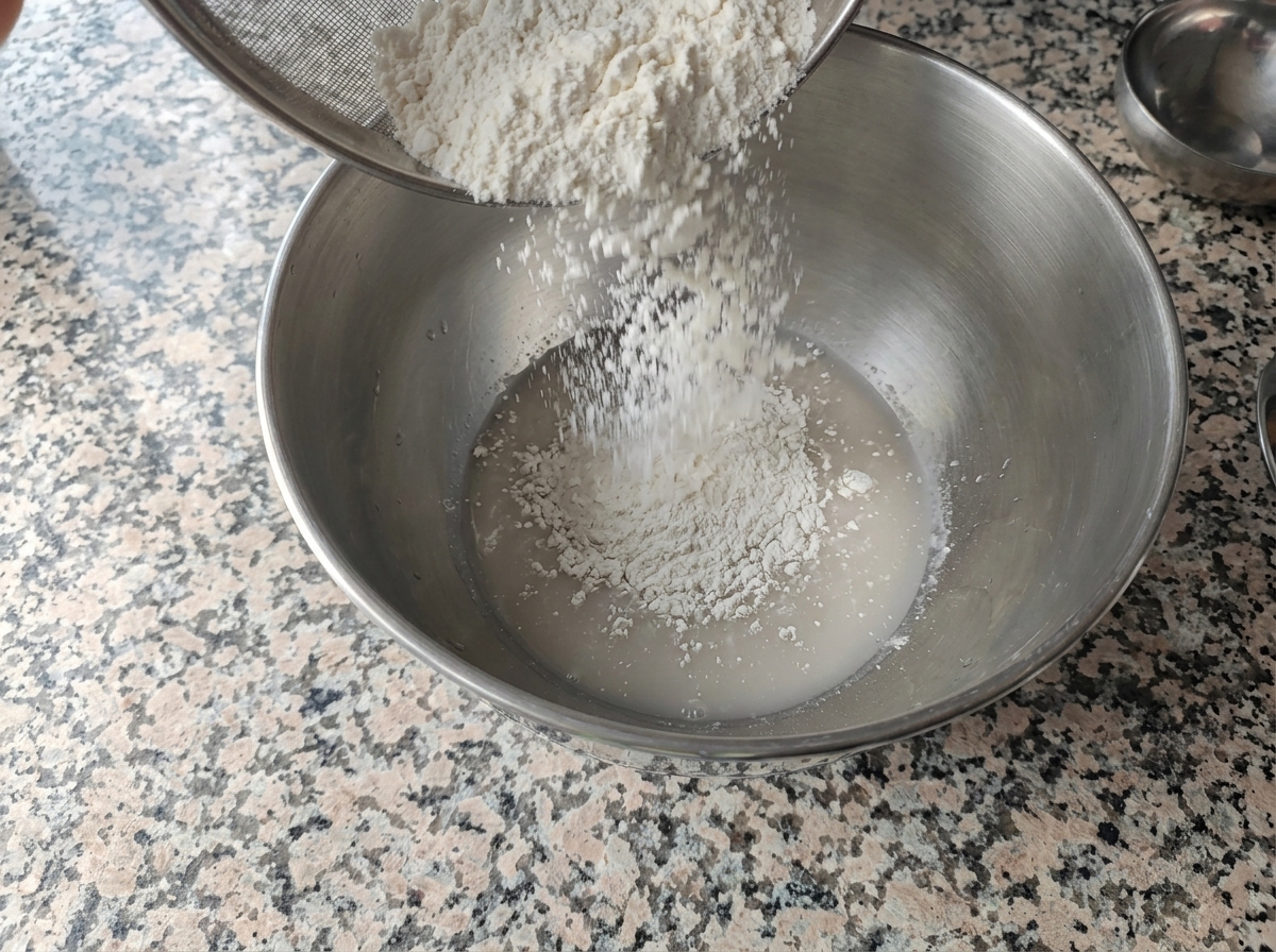 Weißes Mehl wird durch ein Sieb in eine Edelstahlschüssel mit der flüssigen Hefemischung gegeben.