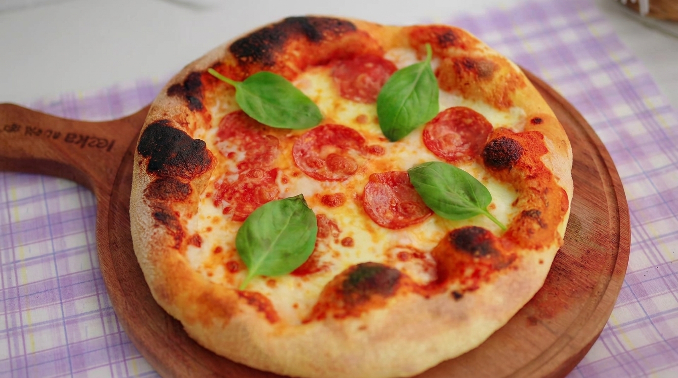 Hausgemachte neapolitanische Salami-Pizza mit knusprig dünnem Boden
