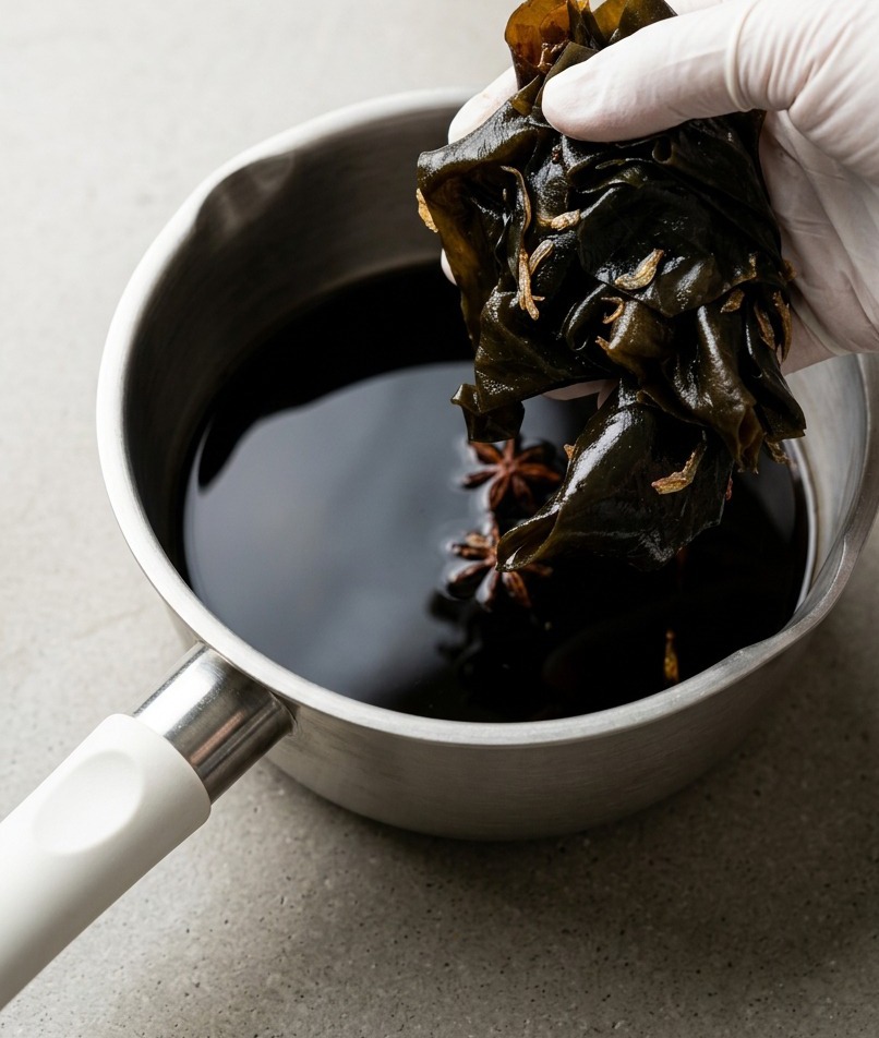 Eine Hand mit Handschuh hebt ein Bündel eingeweichter Kombu-Algen aus einem Edelstahltopf mit einer dunklen Marinade auf Sojabasis, in der Sternanis zu sehen ist.