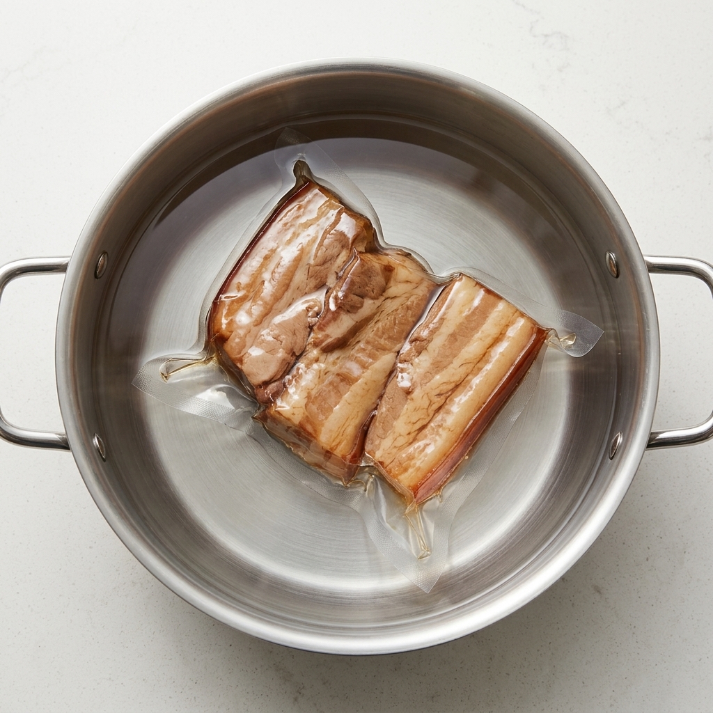 Vakuumierte Plastikbeutel mit mariniertem Schweinebauch liegen in einem Edelstahltopf mit Wasser für das Sous-Vide-Garen.
