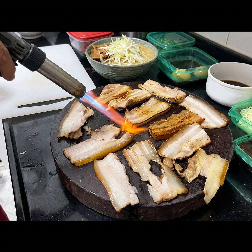 Ein Küchenbrenner flambiert Scheiben von gegartem Schweinebauch auf einer dunklen Steinplatte, im Hintergrund stehen Schalen mit geschnittenen Frühlingszwiebeln und Sauce.