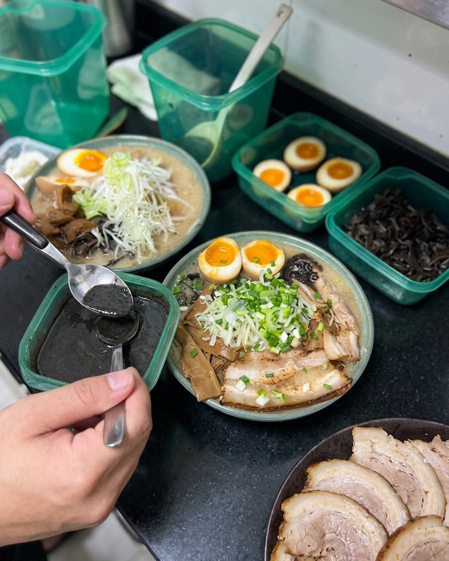 Eine Person träufelt mit einem silbernen Löffel dunkles, schwarzes Knoblauchöl auf eine fertig angerichtete Schale Ramen, die mit Fleisch, Ei und Zwiebeln garniert ist.