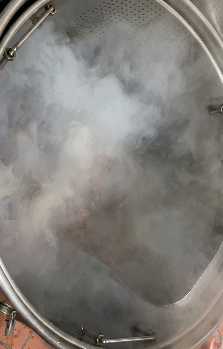 Ein Blech mit rohen Schweineknochen wird in einen tiefen Edelstahltopf mit kochendem, dampfendem Wasser geschüttet.