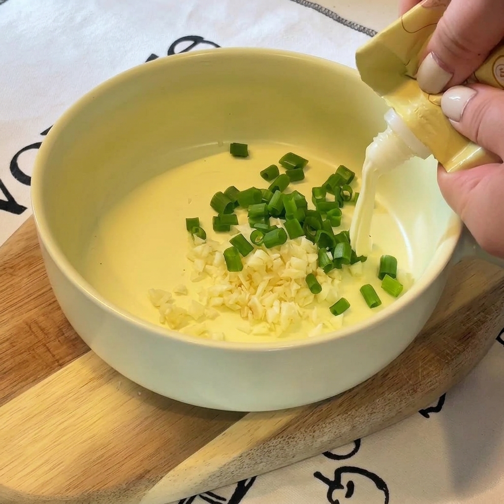 Eine Hand drückt eine weiße Portion Mayonnaise aus einer gelben Kunststofftube in eine Schüssel mit Knoblauch und Frühlingszwiebeln.