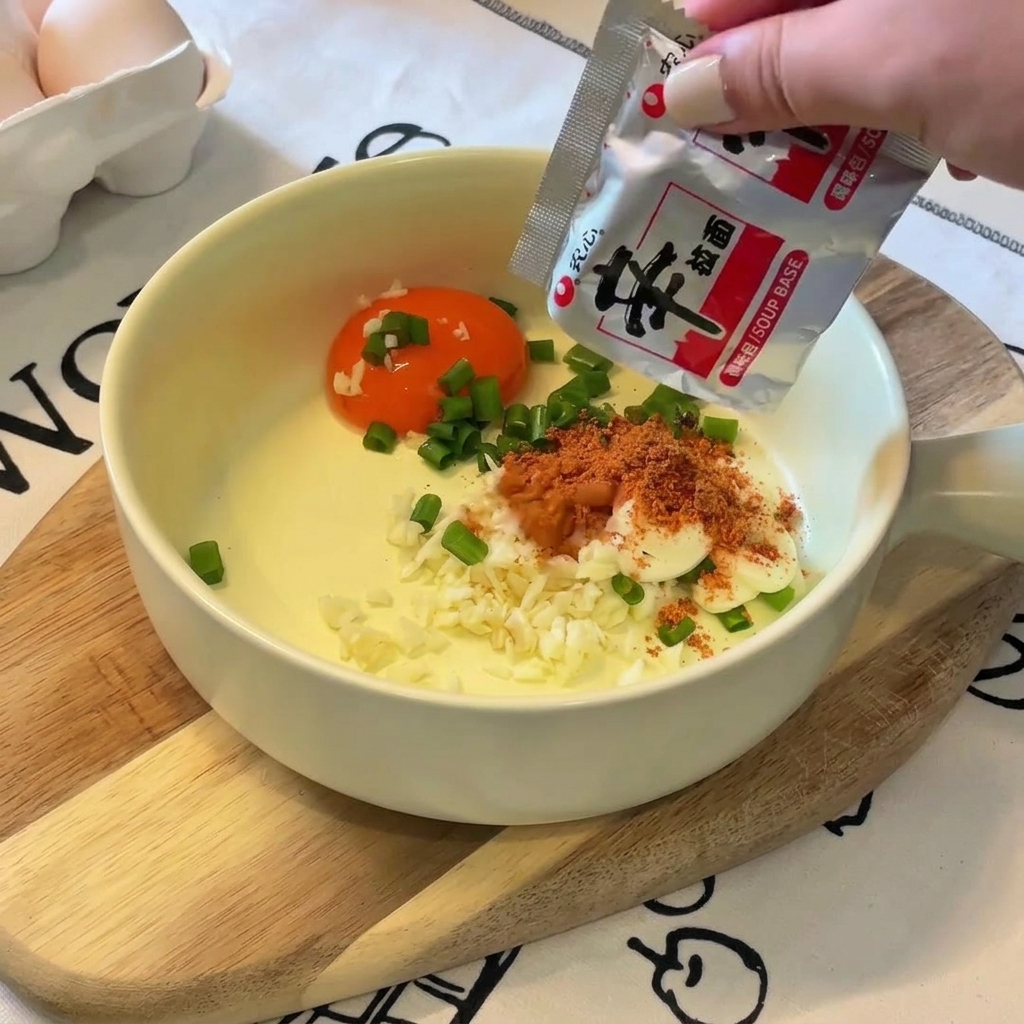 Eine Hand schüttet rötlich-oranges Gewürzpulver aus einer silber-roten Ramen-Gewürztüte in eine Schüssel mit Eigelb, Mayonnaise und Frühlingszwiebeln.