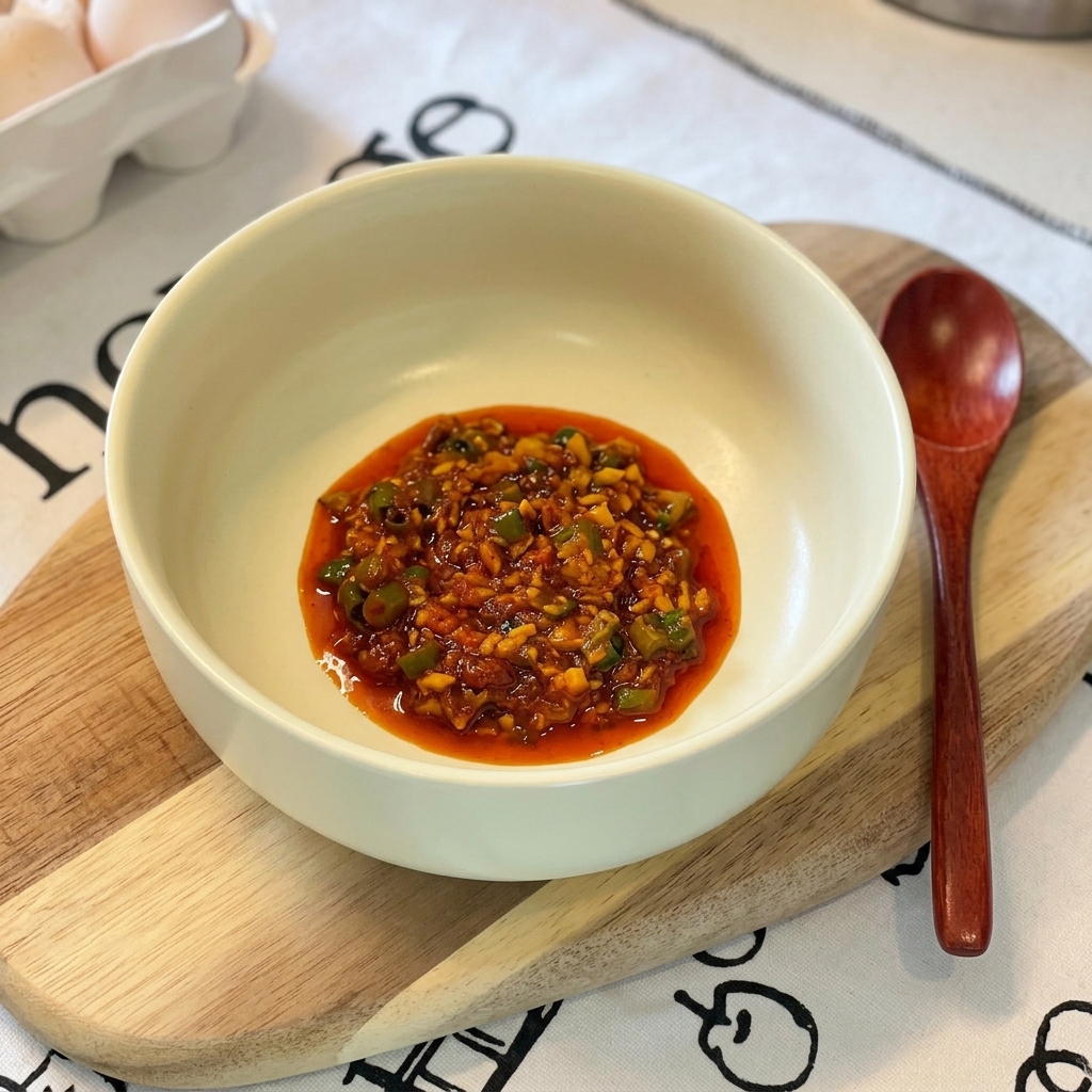 Eine dicke, leuchtend orangefarbene Gewürzpaste liegt in der Mitte einer hellgelben Schüssel auf einem Holzschneidebrett.