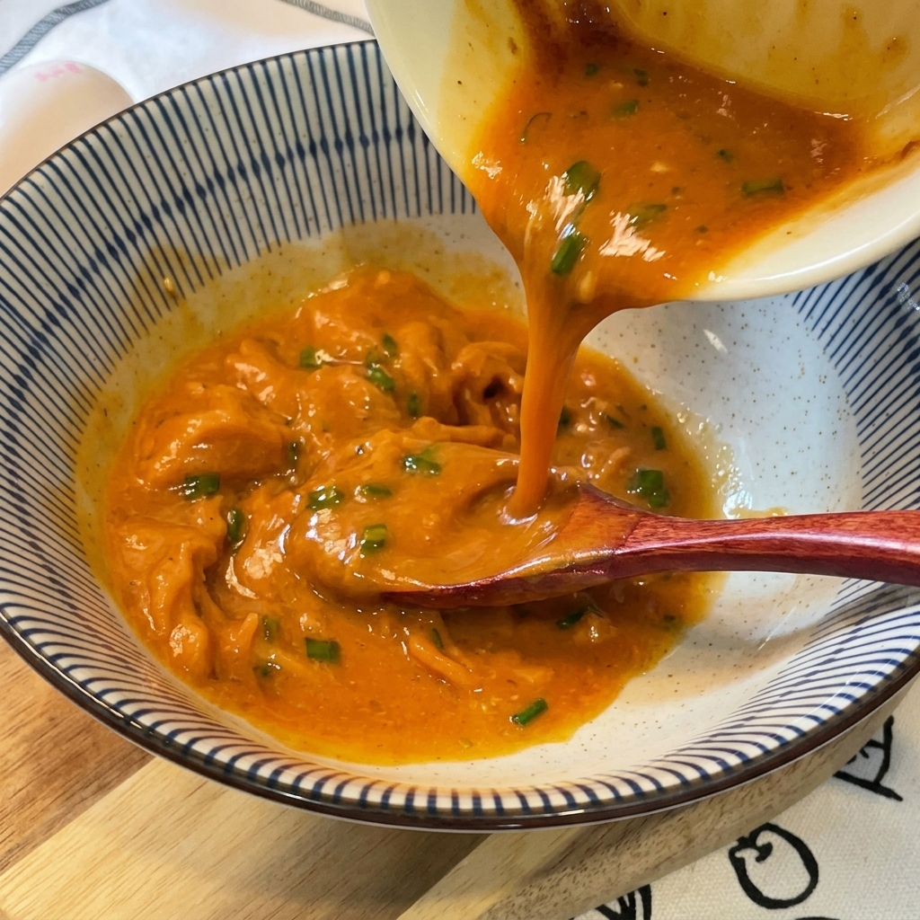 Cremige, orangefarbene Ramensuppe wird aus einer kleinen Schüssel in eine größere, blau-weiß gestreifte Keramik-Ramenschüssel gegossen.