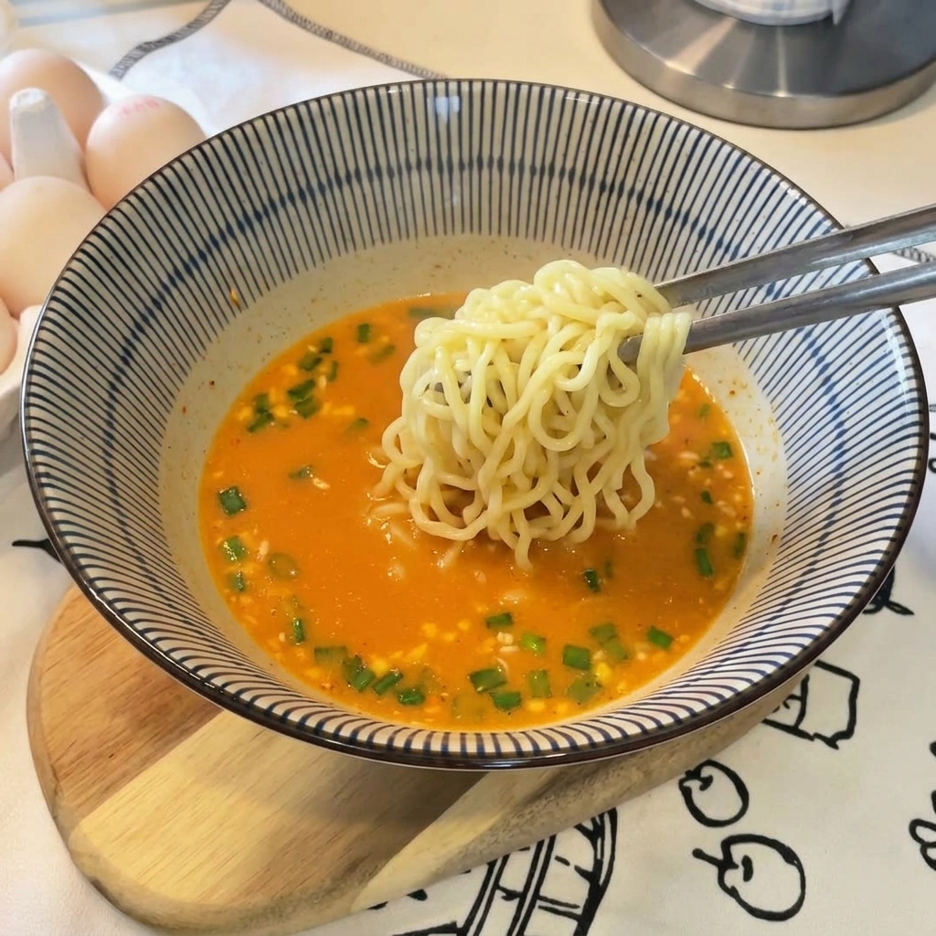Eine Metallzange hält eine Portion gekochte, gewellte gelbe Nudeln über eine Schüssel mit orangefarbener Brühe und gehackten Frühlingszwiebeln.