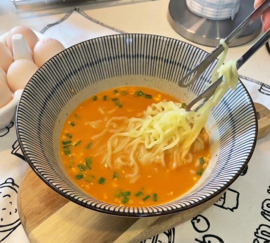 Ein Paar Essstäbchen legt eine perfekt gekochte, halbierte Eihälfte mit flüssig-orangefarbenem Kern auf eine Schüssel mit dampfendem Ramen.