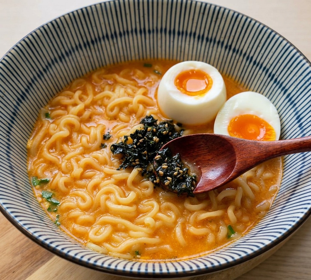 Ein Holzlöffel liegt in einer Schüssel Ramen voller Nudeln, Brühe und weichgekochten Eiern, während in der Mitte getrocknete Algen und Sesamsamen hinzugefügt werden.