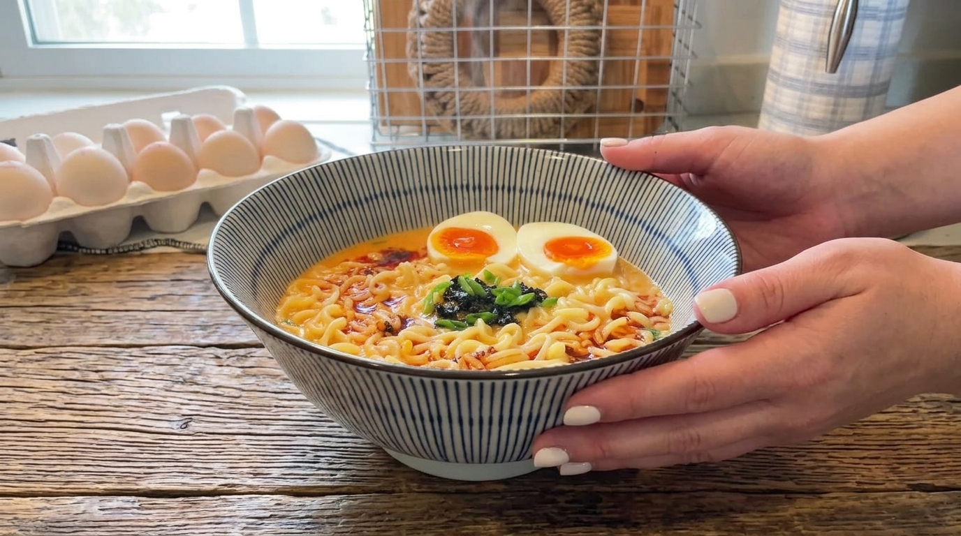 Cremiges Blitz-Tonkotsu-Ramen mit wachsweichen Eiern