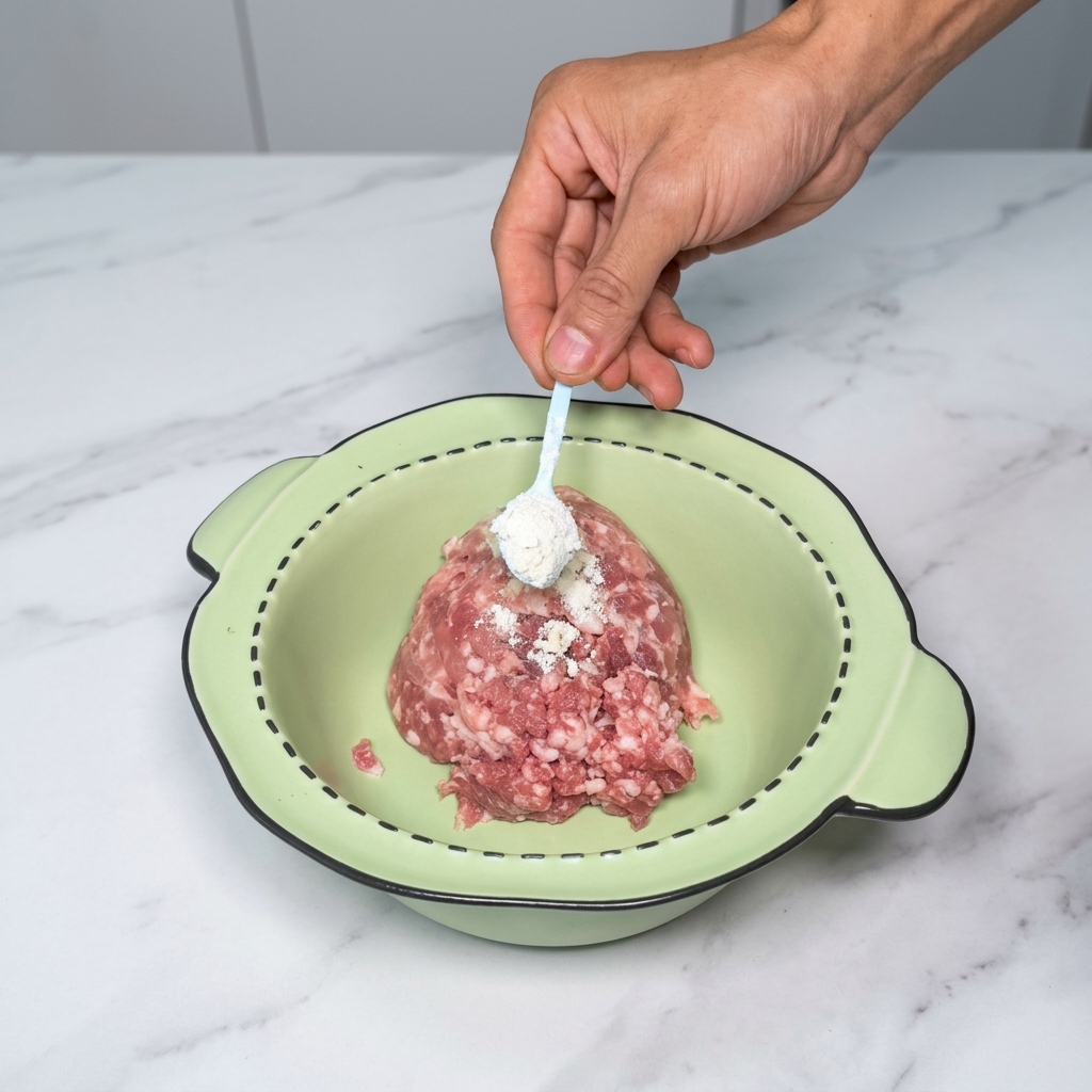 Ein Haufen rohes Hackfleisch in einer hellgrünen Keramikschüssel, während eine Hand mit einem kleinen hellblauen Löffel weißes Gewürzpulver hinzufügt.