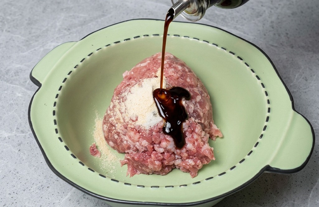 Eine Hand gießt dunkle Austernsauce aus einer klaren Glasflasche auf einen Haufen rohes Hackfleisch, das mit weißem Gewürzpulver bestreut ist.
