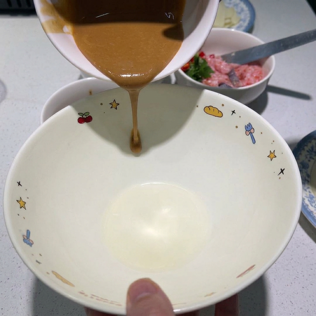 Cremig-braune Sesamsauce wird aus einem kleinen Schälchen in eine größere, mit Lebensmittelillustrationen verzierte weiße Schüssel gegossen.
