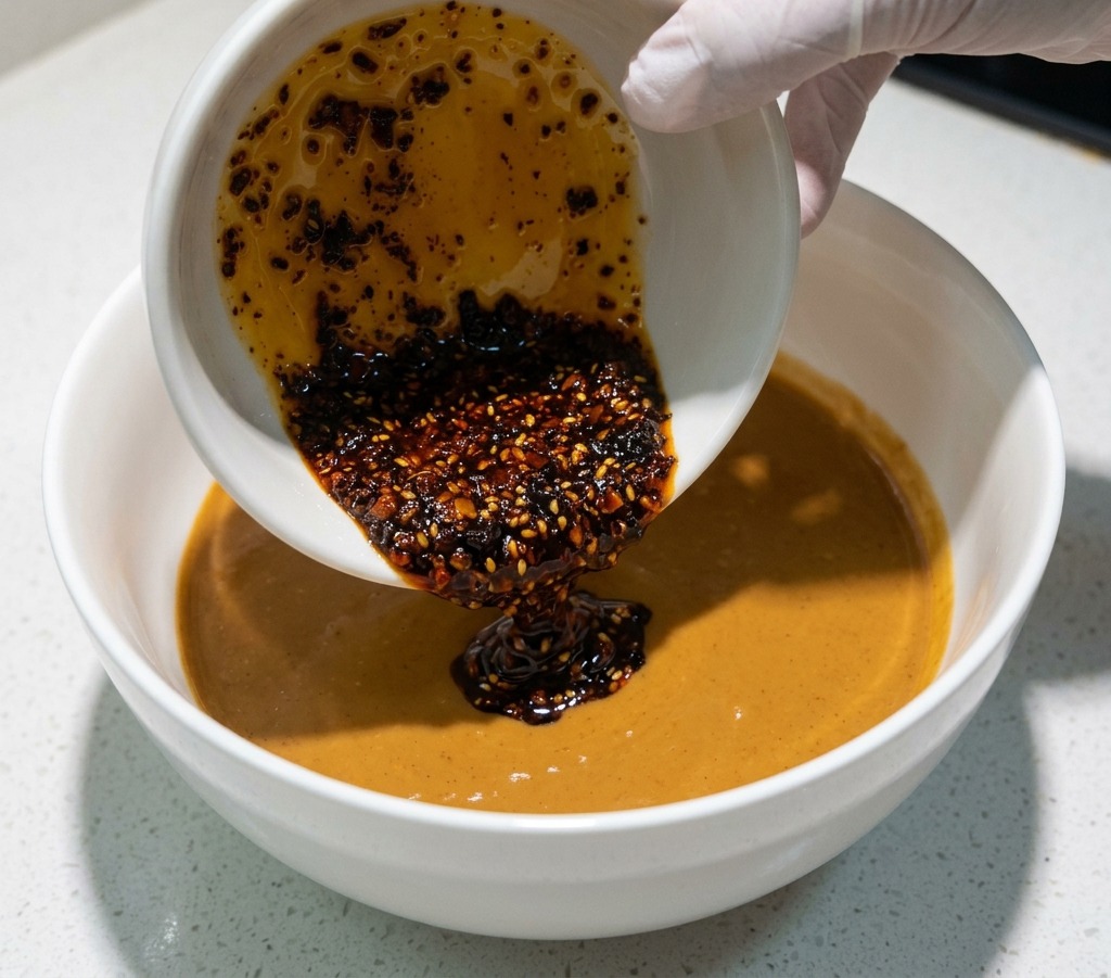 Eine behandschuhte Hand gießt dunkelrotes Chiliöl aus einem kleinen Schälchen in eine größere weiße Schüssel mit dicker, brauner Sesamsauce.