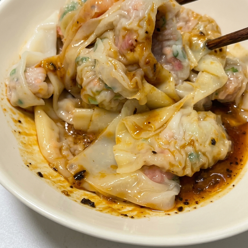 Nahaufnahme von gekochten Wan-Tan-Nudeln in einer weißen Schüssel, gebettet auf eine dunkle Sauce aus Sesam und Chiliöl.