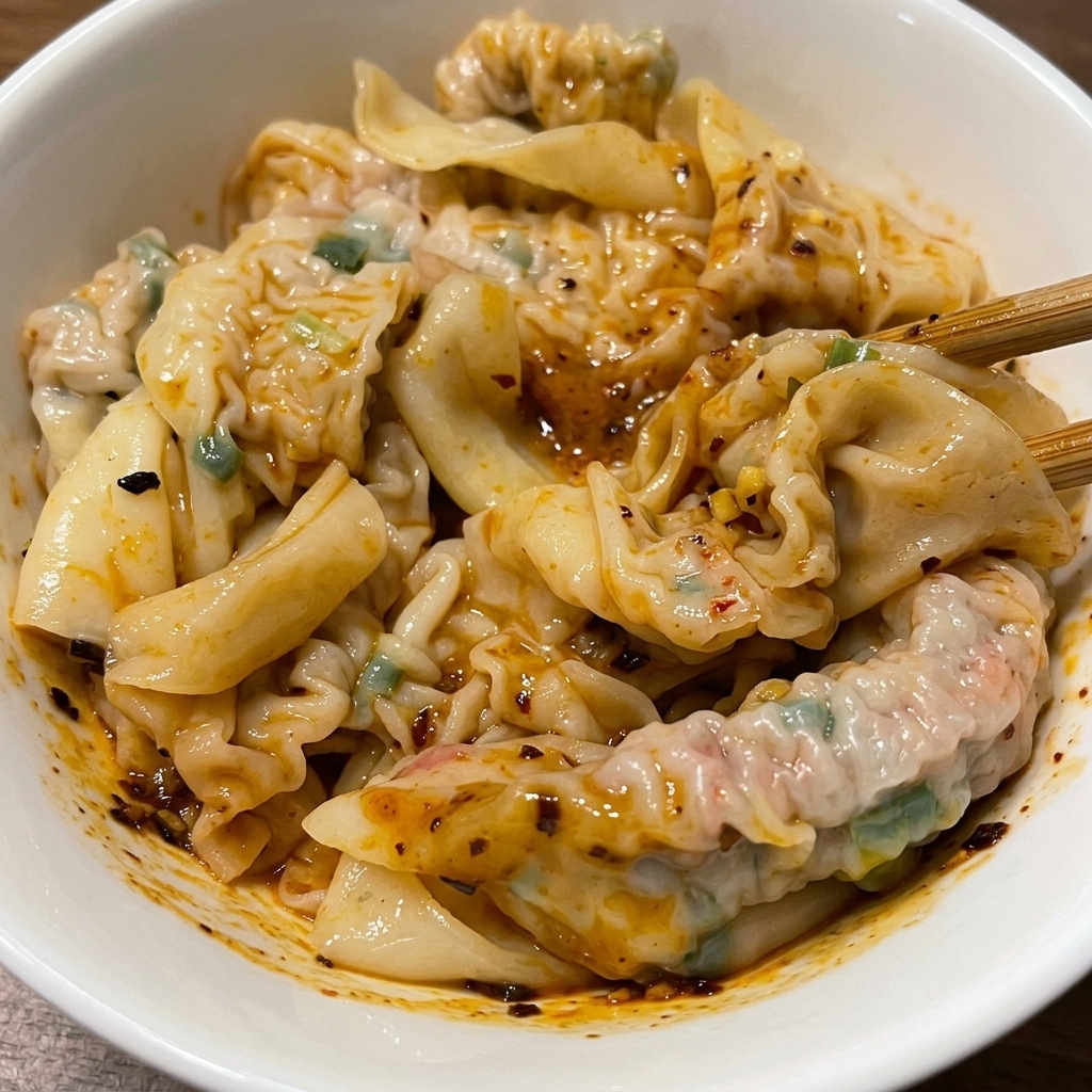 Holzstäbchen mischen die Wan-Tan-Nudeln in der Schüssel, sodass sie gleichmäßig mit der Sesamsauce und dem roten Chiliöl überzogen sind.