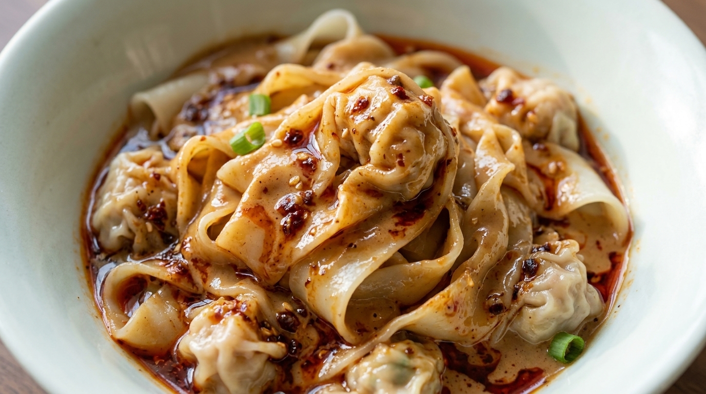 Handgezogene Wan-Tan-Nudeln in scharfer Sesamsauce